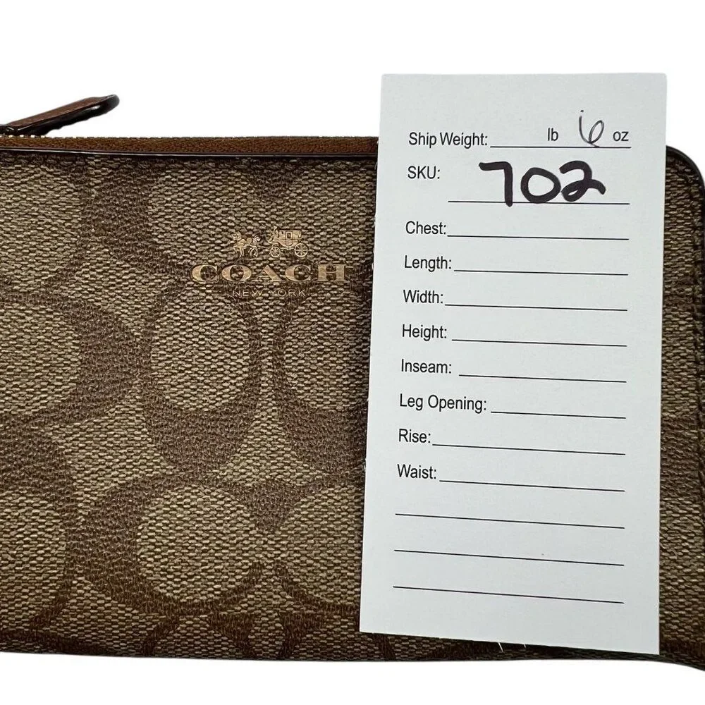 Coach Signature Brown Coated Canvas Double Zip Corner Wristlet Clutch Brown Tan